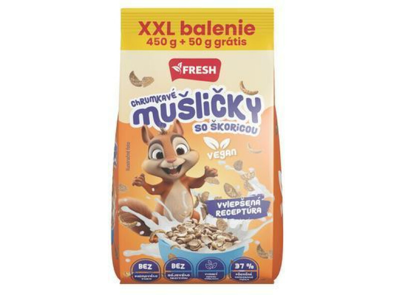 CEREÁLIE CHRUMKAVÉ MUŠLIČKY SO ŠKORICOU XXL 450g + 50g GRÁTIS FRESH